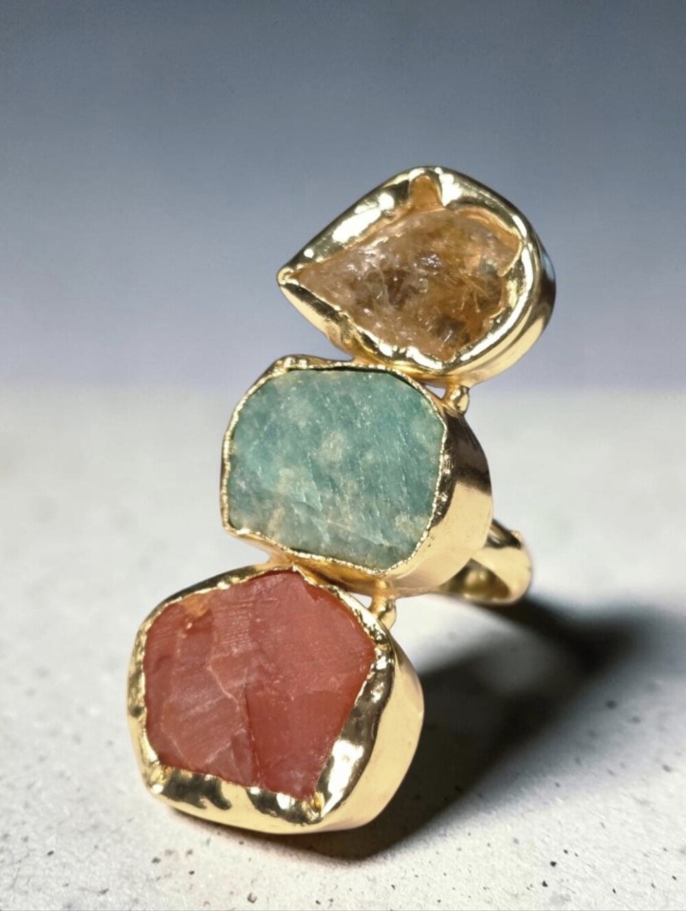 Huge 18k Gold Plated Artisan Raw Natural Stone Amazonite Citrine Carnelian Ring